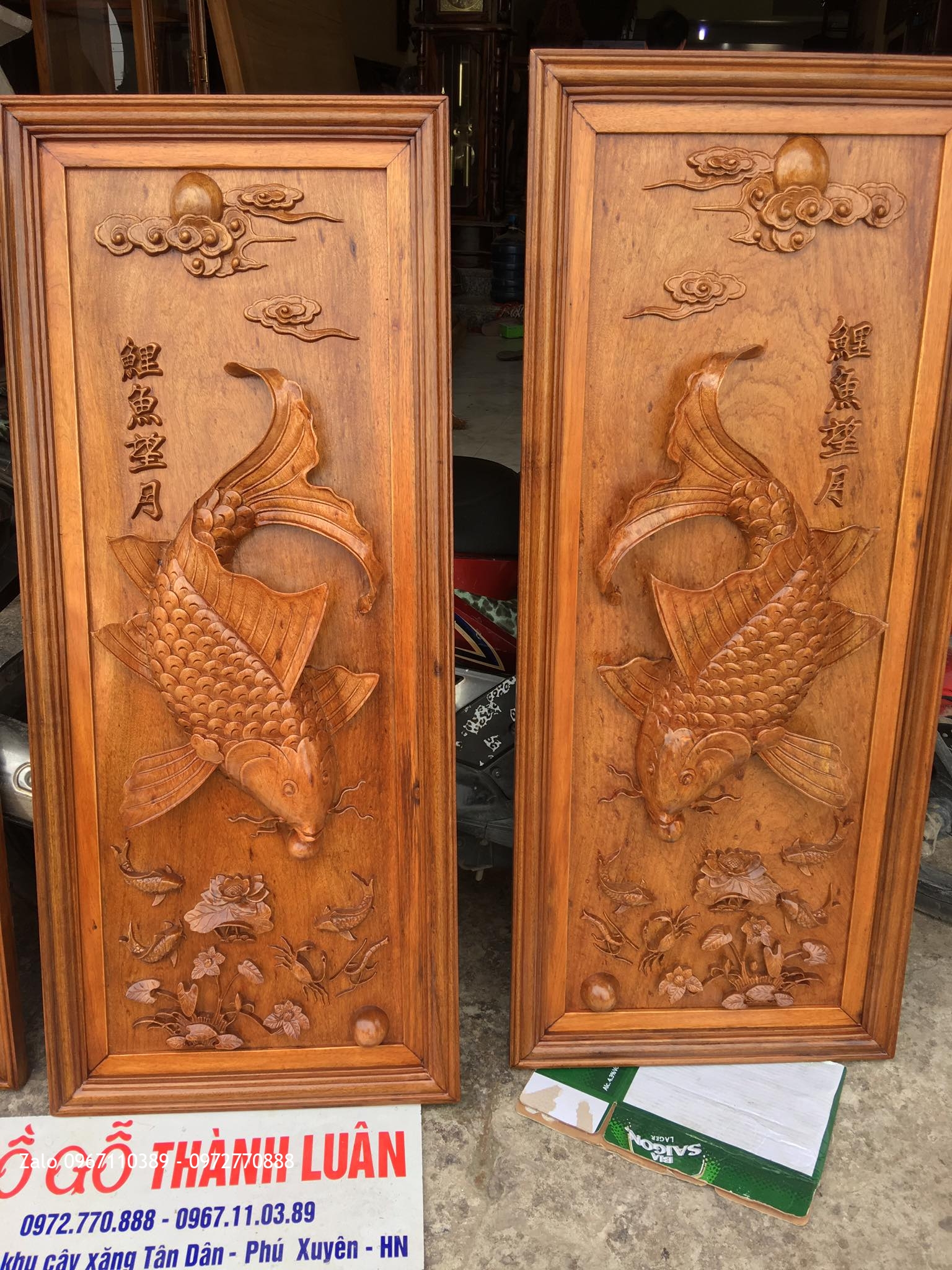 TRANH GỖ- Đốc Lịch Tam Đa,Tranh Cá Chép Gỗ Gụ. A Chương Đắc Lắc;