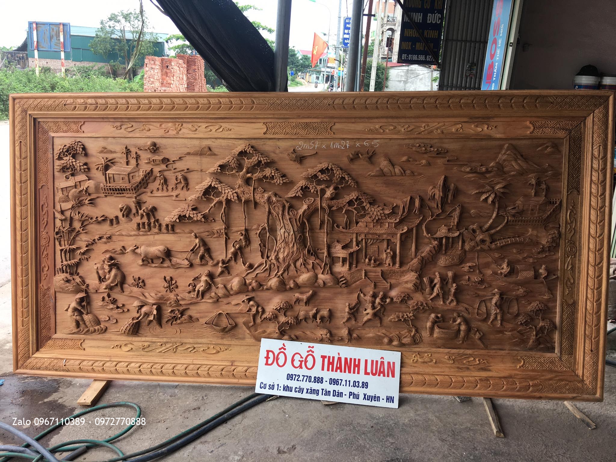 Tranh Đồng Quê Gỗ Gụ 2m57x1m27x6.5. Thuận Buồm Xuôi Gió Gõ Hương Đá