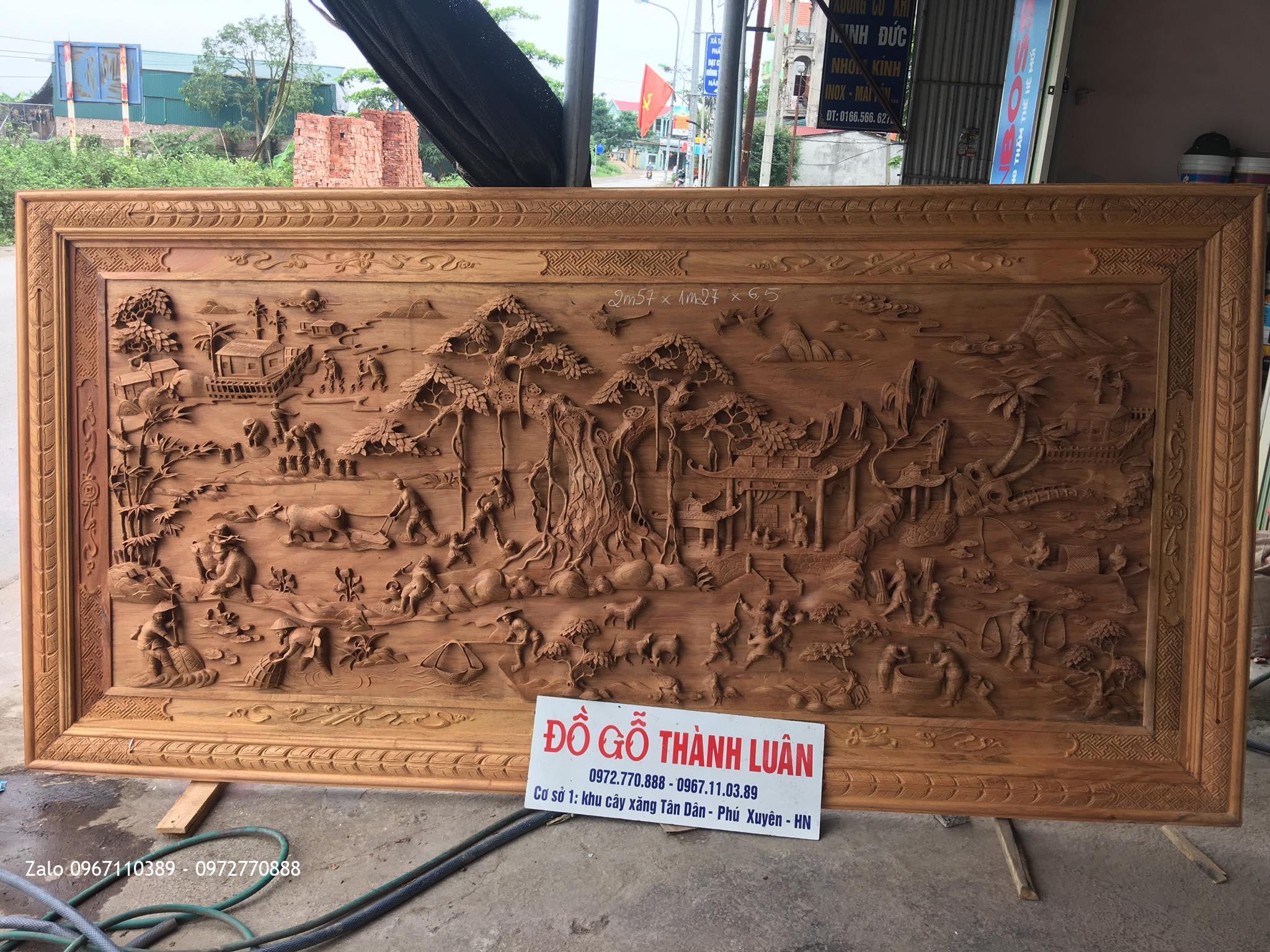 Tranh Đồng Quê Gỗ Gụ 2m57x1m27x6.5. Thuận Buồm Xuôi Gió Gõ Hương Đá.