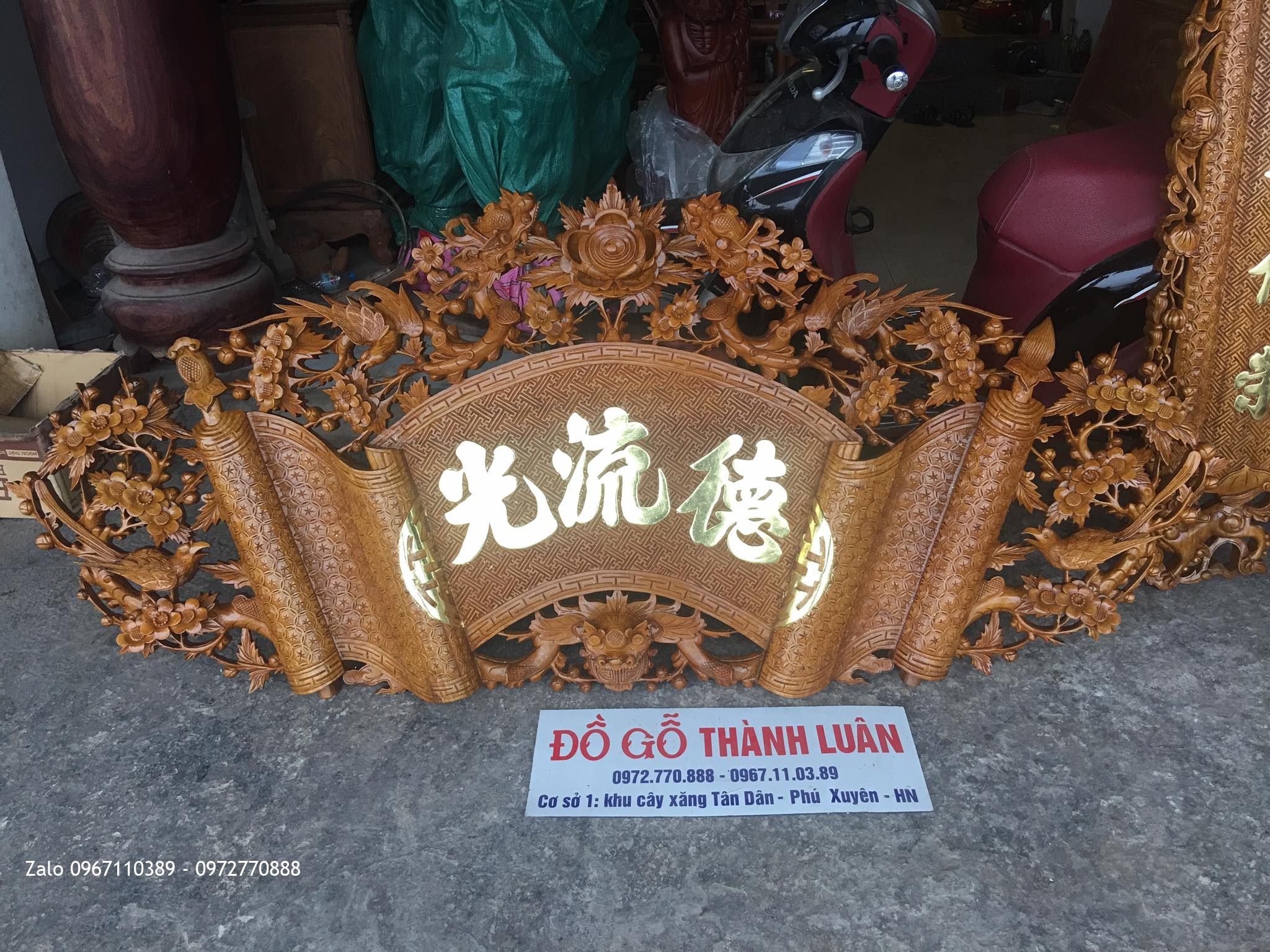 Cuốn Thư Câu Đối Mai Điểu Gỗ Gụ Chữ Dát Vàng . A Duy Thanh Trì HN