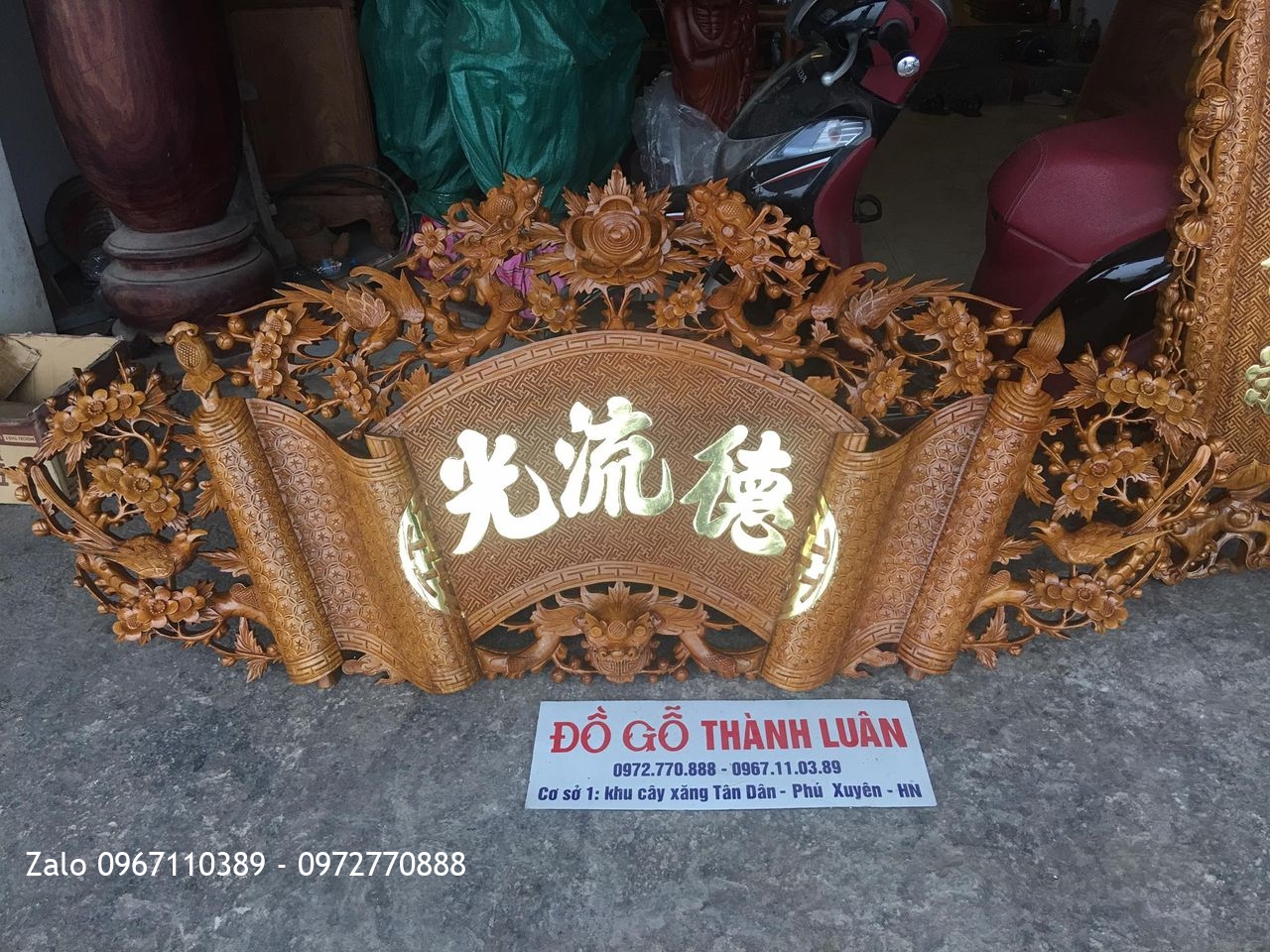 Cuốn Thư Câu Đối Mai Điểu Gỗ Gụ Chữ Dát Vàng . A Duy Thanh Trì HN