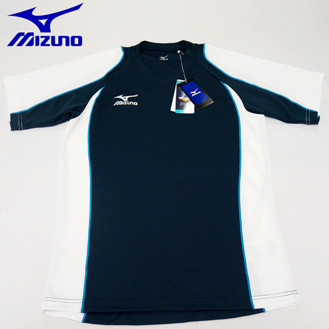 ÁO THI ĐẤU MIZUNO CỔ TIM XANH TRẮNG