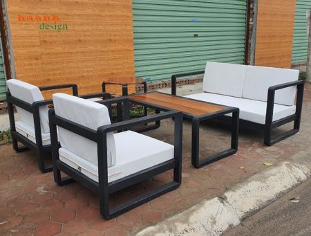 Sofa sắt sơn tĩnh điện ngoài trời kết hợp gỗ Teak