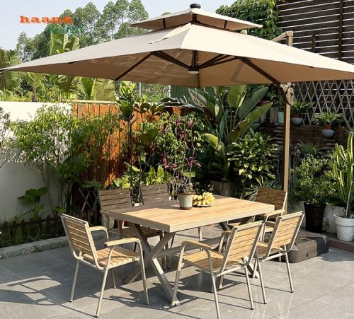 Bàn ghế sắt sơn tĩnh điện mặt gỗ Teak Nam Mỹ ngoài trời BGS 012