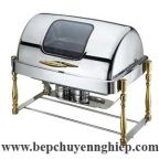 Nồi hâm thức ăn buffet chữ nhật nắp kính 9 lít chân mạ vàng giả gỗ