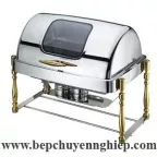 Nồi hâm thức ăn buffet chữ nhật nắp kính 9 lít chân mạ vàng giả gỗ