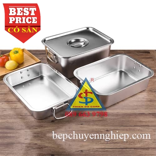 Khay inox chữ nhật có quai và nắp - nhiều size; 100% inox 304 - an toàn ...