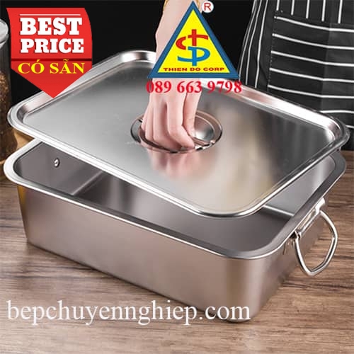 Khay inox chữ nhật có quai và nắp - nhiều size; 100% inox 304 - an toàn ...