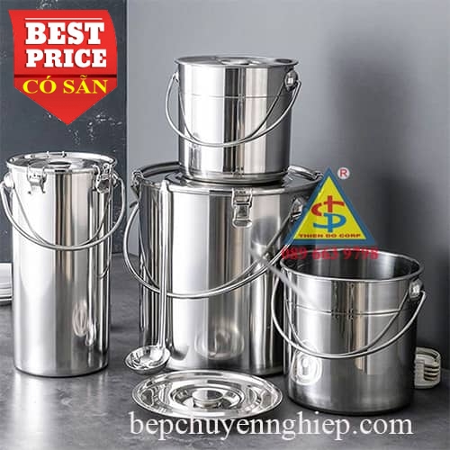 Xô inox có nắp cài gập đậy kín - 1 quai xách - 100% inox SUS 304 cao ...