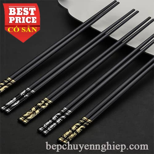 Đũa nhựa đen 27.5cm khảm rồng vàng-rồng trắng cao cấp