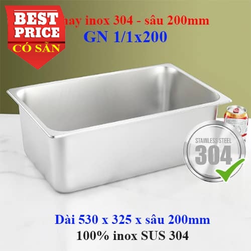 Khay inox 304 GN 1/1 sâu 200 đựng thực phẩm – thức ăn
