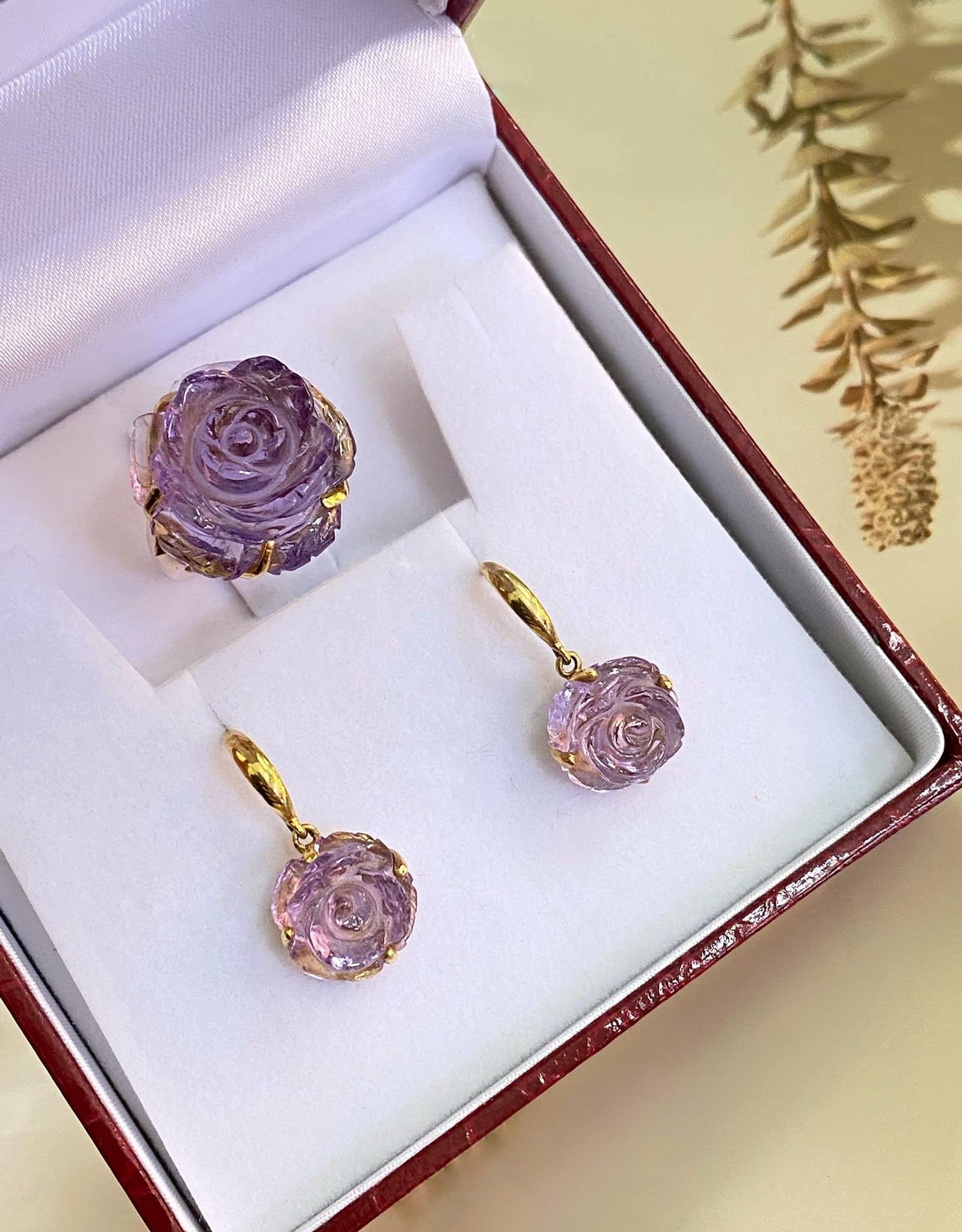 BỘ BẠC 92.5 HOA HỒNG ĐÁ AMETHYST TỰ NHIÊN