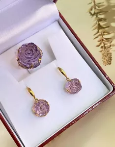 BỘ BẠC 92.5 HOA HỒNG ĐÁ AMETHYST TỰ NHIÊN