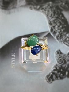 NHẪN BẠC XI ĐÁ EMERALD+SAPPHIRE TỰ NHIÊN