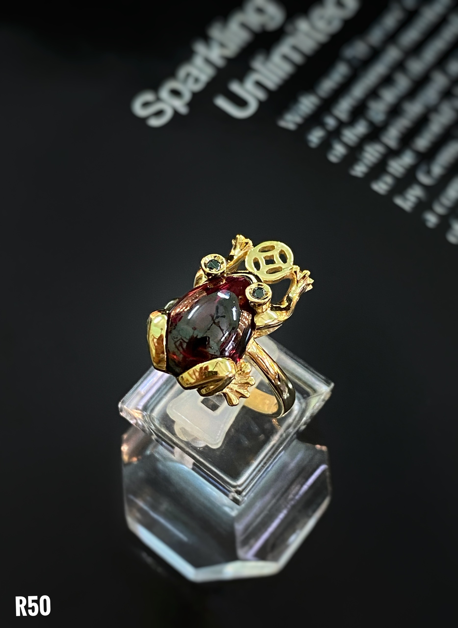 NHẪN BẠC XI CÓC TÀI LỘC ĐÁ GARNET TỰ NHIÊN