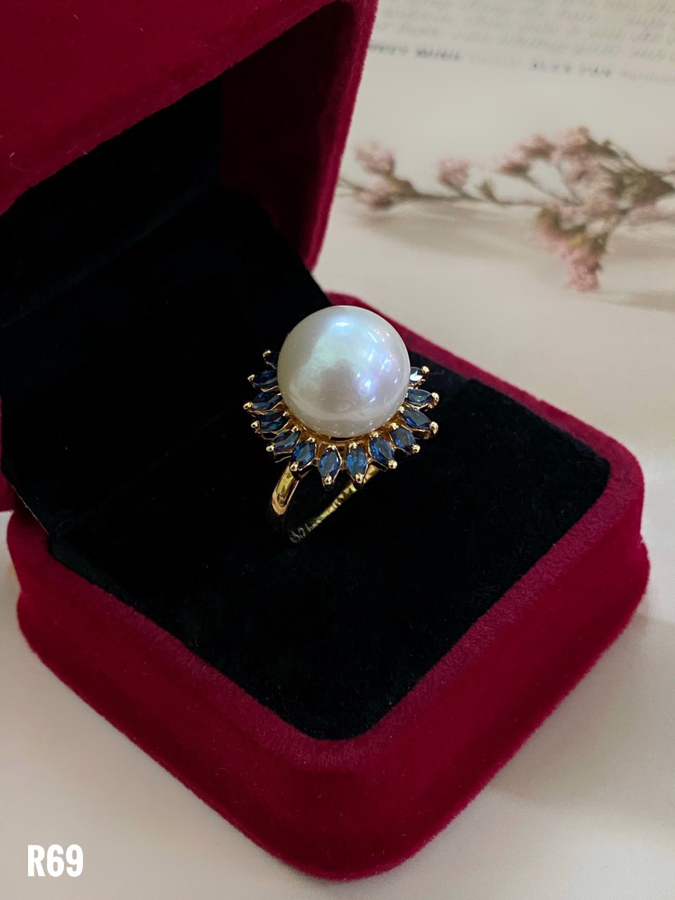 NHẪN BẠC XI NGỌC TRAI SOUTH SEA KẾT ĐÁ SAPPHIRE TỰ NHIÊN