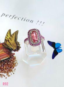 NHẪN  BẠC XI  ĐÁ TOURMALINE HỒNG KẾT KIM CƯƠNG + SAPPHIRE HỒNG TỰ NHIÊN.