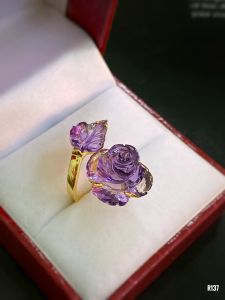 NHẪN  BẠC XI  HOA HỒNG ĐÁ AMETHYST - THẠCH ANH TÍM TỰ NHIÊN