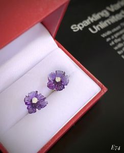 KHUYÊN TAI HOA BẠC XI  ĐÁ AMETHYST TỰ NHIÊN