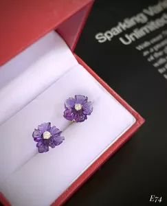 KHUYÊN TAI HOA BẠC XI  ĐÁ AMETHYST TỰ NHIÊN