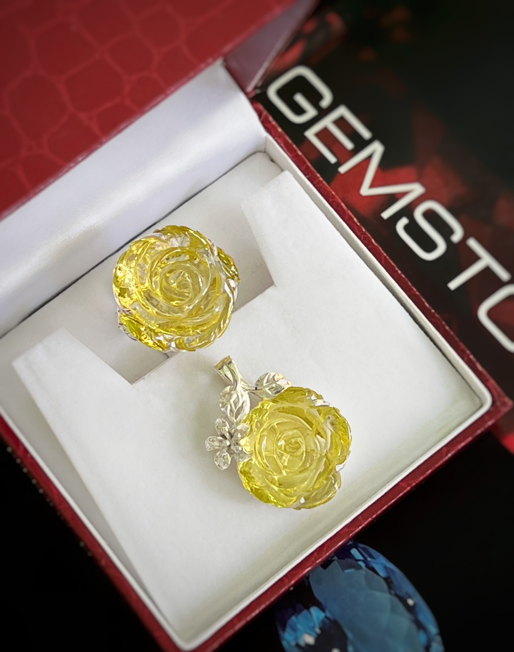 BỘ TRANG SỨC BẠC 92.5 HOA HỒNG THẠCH ANH TỰ NHIÊN