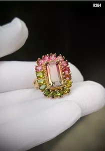 NHẪN BẠC 92.5 XI VÀNG FULL ĐÁ TOURMALINE TỰ NHIÊN
