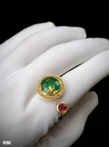 NHẪN BẠC 92.5 XI VÀNG EMERALD KẾT KIM CƯƠNG + RUBELLITE TỰ NHIÊN