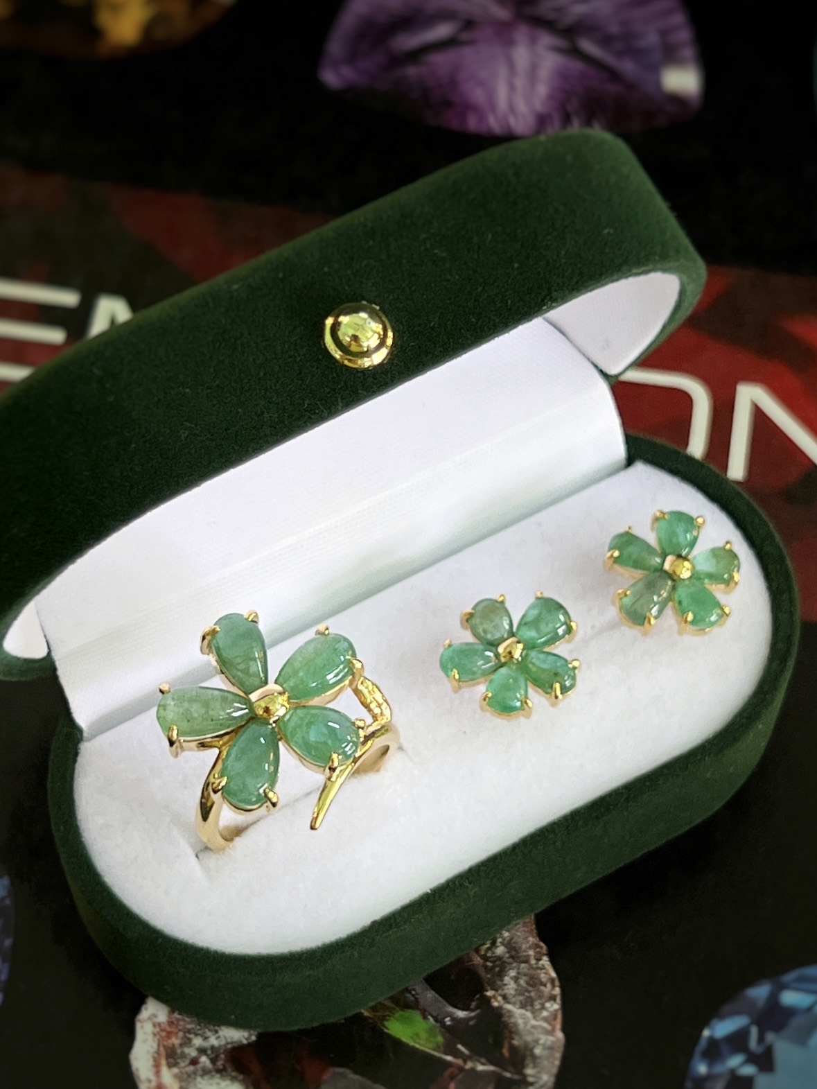 BỘ BẠC 92.5 XI VÀNG ĐÁ EMERALD TỰ NHIÊN