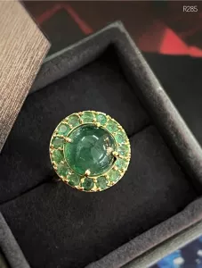 NHÃN BẠC 92.5 XI VÀNG  FULL ĐÁ EMERALD TỰ NHIÊN