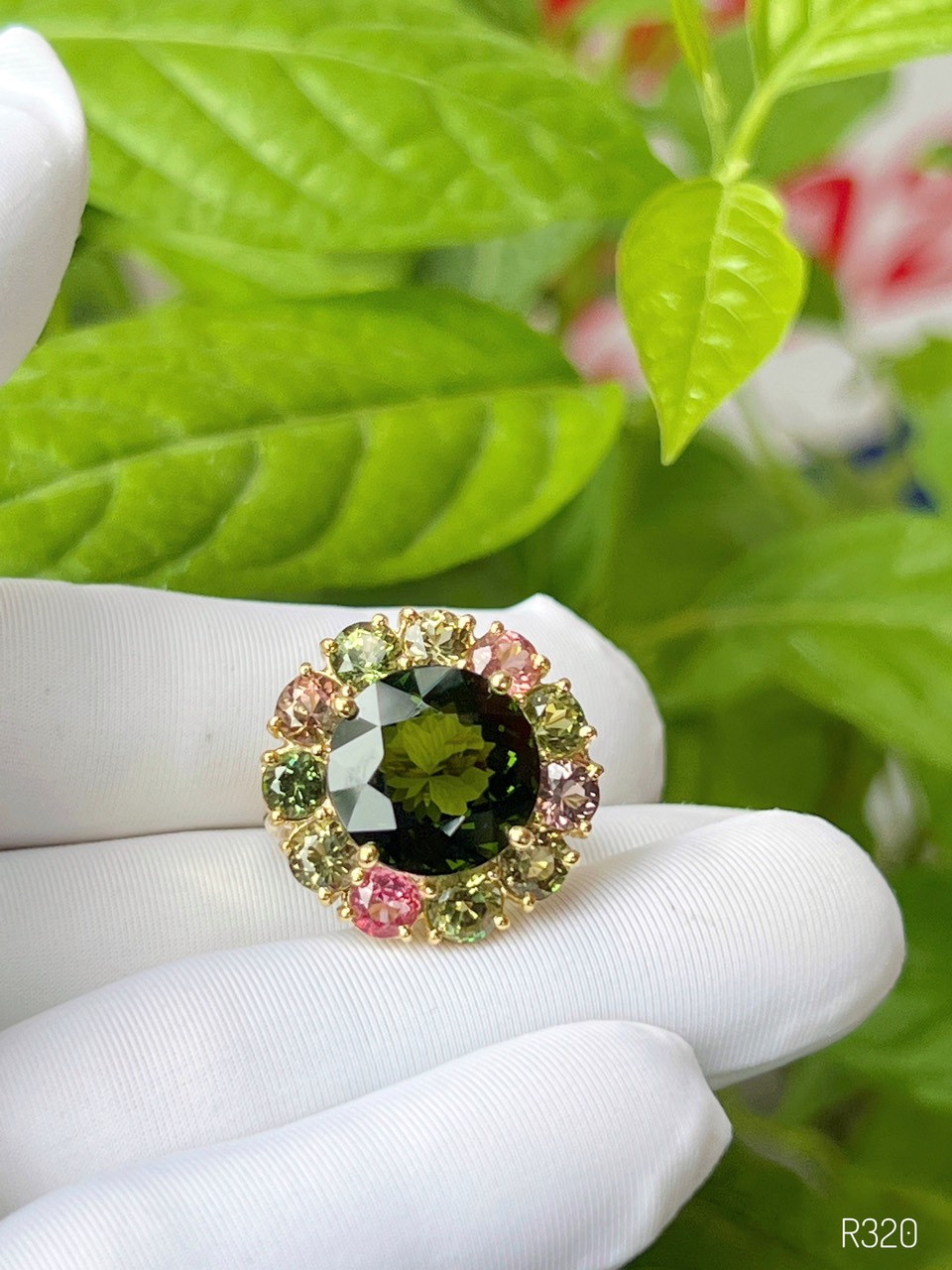 NHẪN BẠC 92.5 XI VÀNG  FULL ĐÁ TOURMALINE TỰ NHIÊN