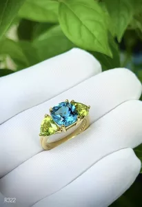 NHẪN BẠC 92.5 XI VÀNG  ĐÁ SWISS TOPAZ + PERIDOT TỰ NHIÊN