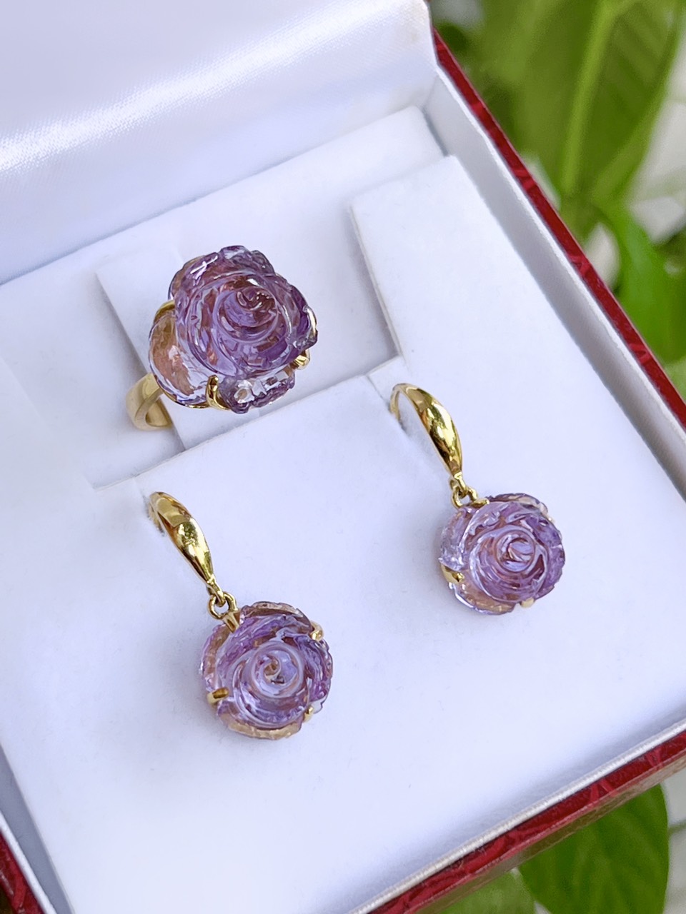 BỘ BẠC 92.5 HOA HỒNG ĐÁ AMETHYST - THẠCH ANH TÍM TỰ NHIÊN