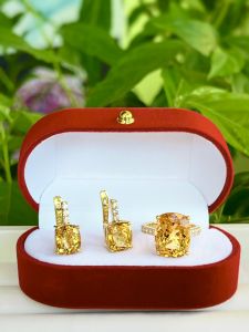 SET BẠC 92.5  NHẪN+KHUYÊN TAI ĐÁ CITRINE - THẠCH ANH VÀNG TỰ NHIÊN