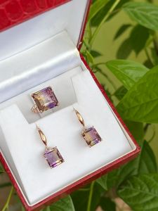 SET NHẪN + KHUYÊN TAI BẠC 92.5  ĐÁ AMETRINE TỰ NHIÊN