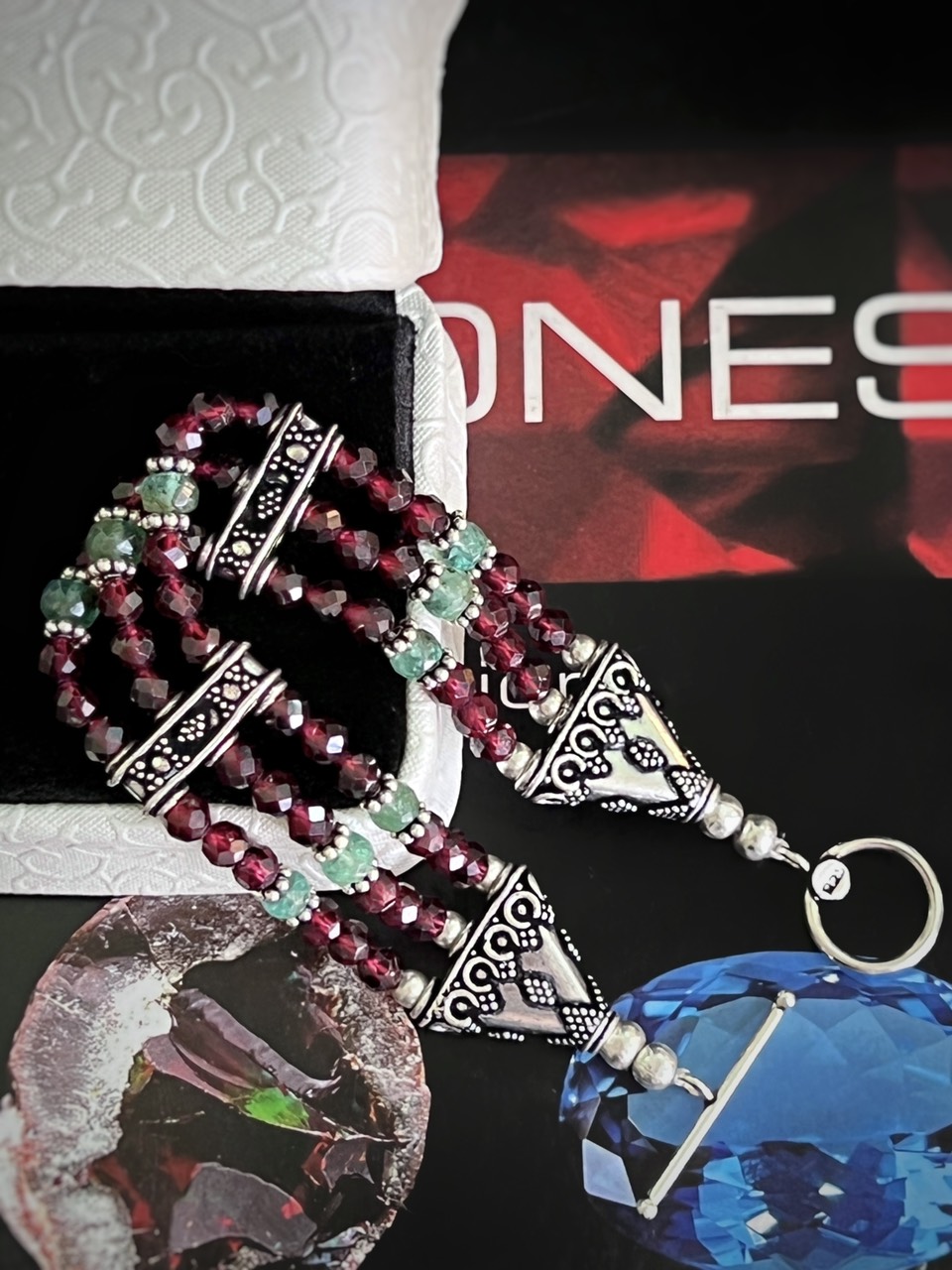 VÒNG TAY CHARM BẠC 92.5 ĐÁ GARNET MIX EMERALD TỰ NHIÊN