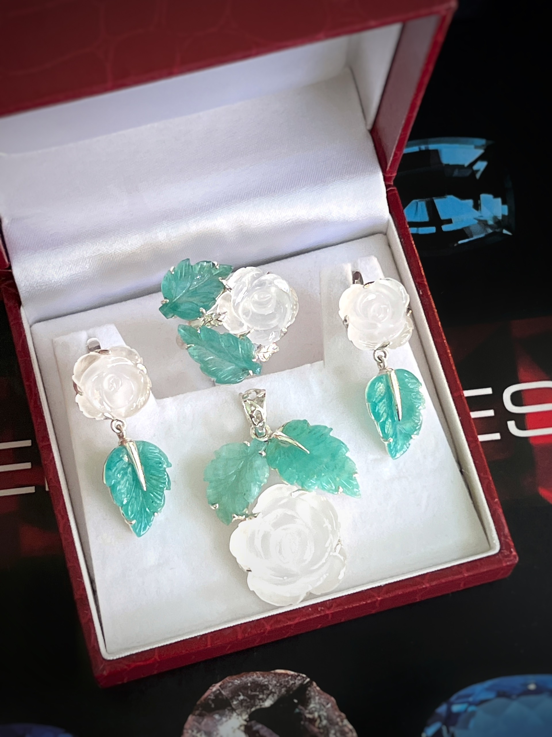 SET BẠC 92.5 HOA HỒNG THẠCH ANH TRẮNG & AMAZONITE TỰ NHIÊN