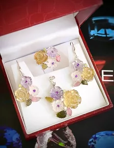 SET BẠC 92.5 HOA HỒNG CITRINE, AMETHYST & ROSE QUARTZ TỰ NHIÊN