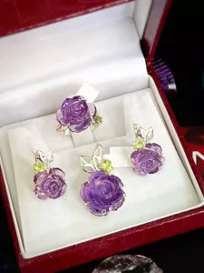 SET BẠC 92.5 HOA HỒNG ĐÁ AMETHYST TỰ NHIÊN