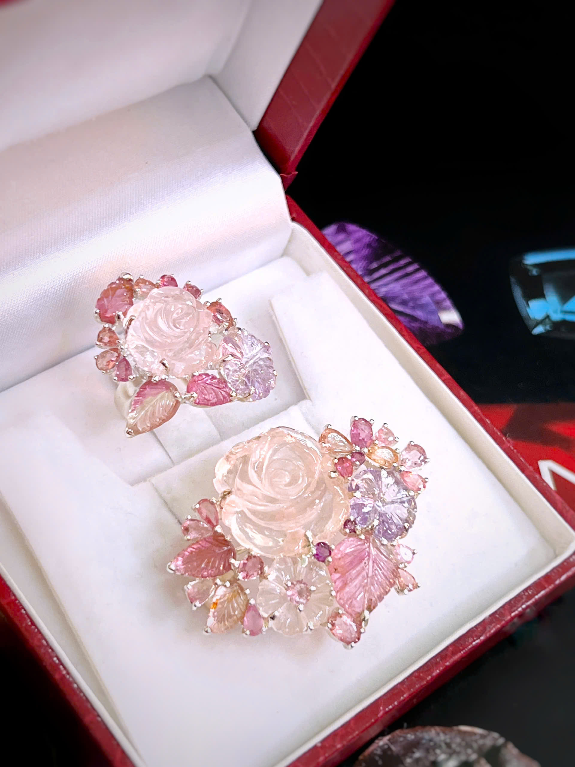 SET BẠC 92.5 HOA HỒNG ĐÁ THẠCH ANH & TOURMALINE TỰ NHIÊN