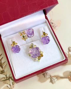 SET BẠC 92.5 HOA HỒNG ĐÁ AMETHYST & TOURMALINE TỰ NHIÊN