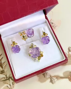 SET BẠC 92.5 HOA HỒNG ĐÁ AMETHYST & TOURMALINE TỰ NHIÊN