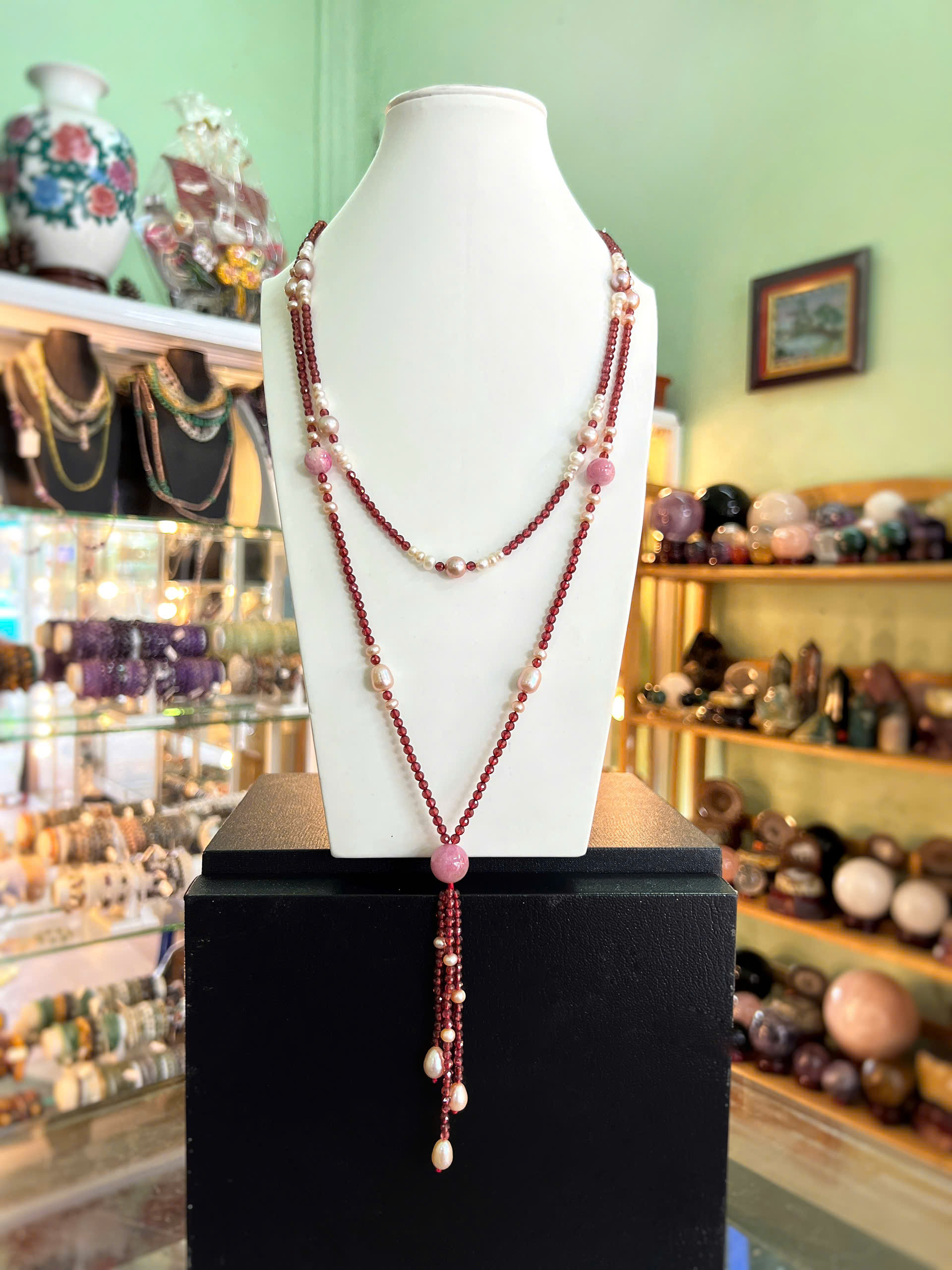 VÒNG CỔ ĐÁ GARNET MIX NGỌC TRAI & SAPPHIRE TỰ NHIÊN