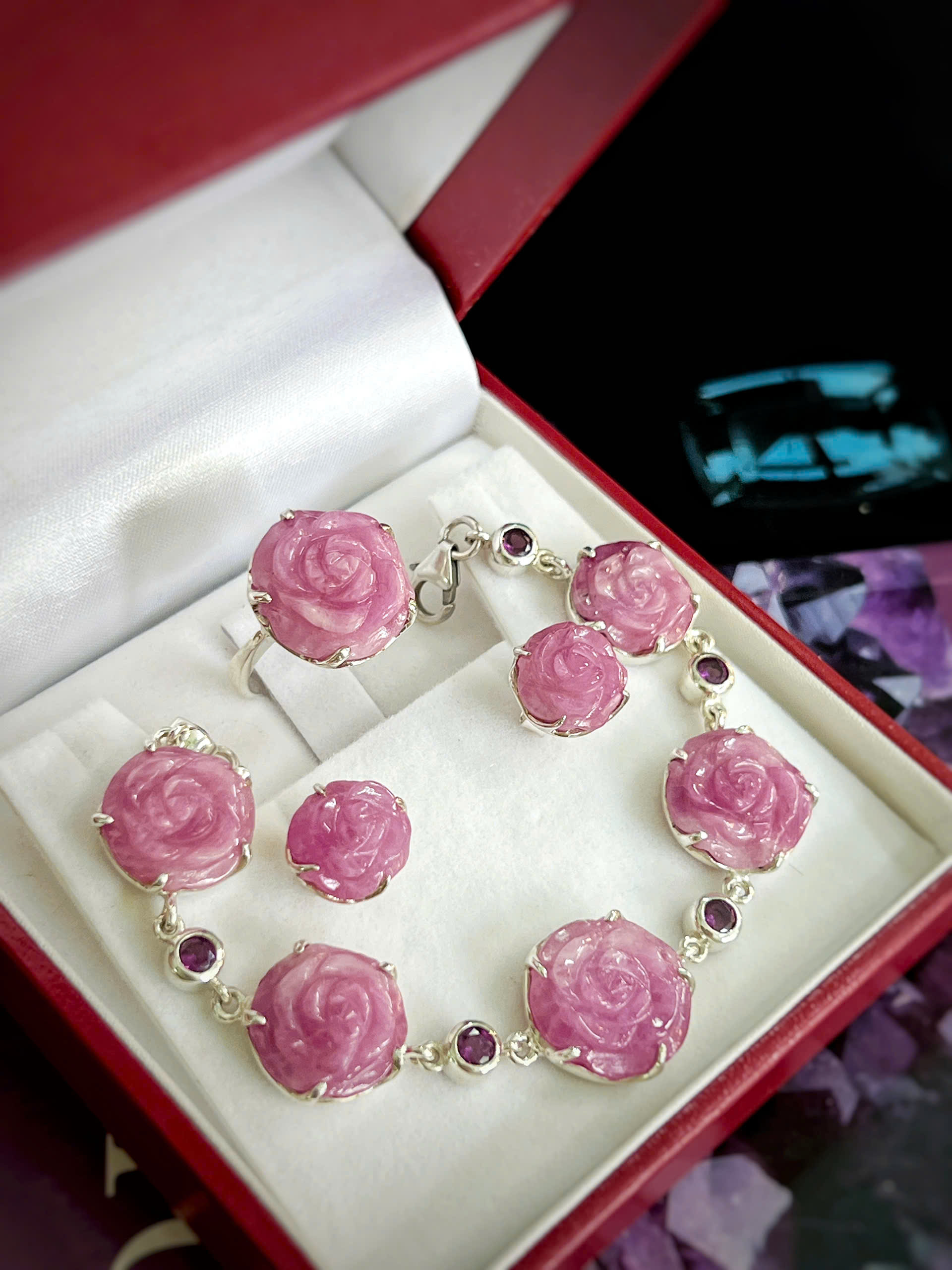 SET BẠC 92.5 HOA HỒNG ĐÁ RUBY NAM PHI TỰ NHIÊN