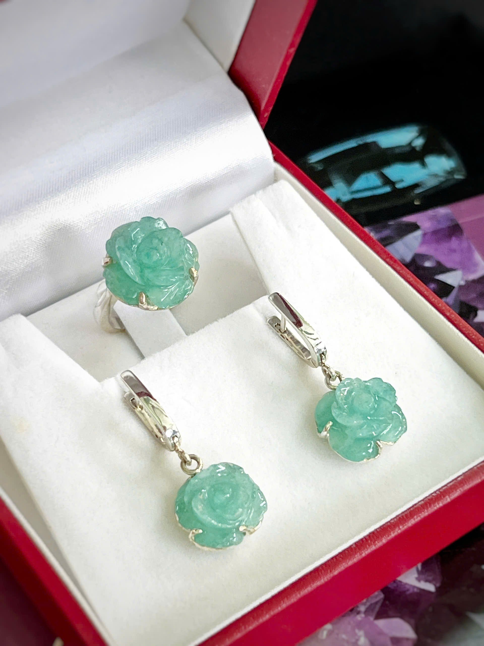 SET BẠC 92.5 HOA HỒNG ĐÁ AMAZONITE TỰ NHIÊN