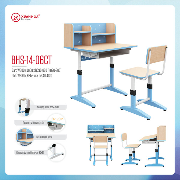 Bàn học sinh liền giá sach - nẹp xanh