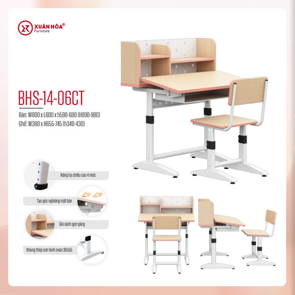 Bàn học sinh liền giá sach - nẹp hồng
