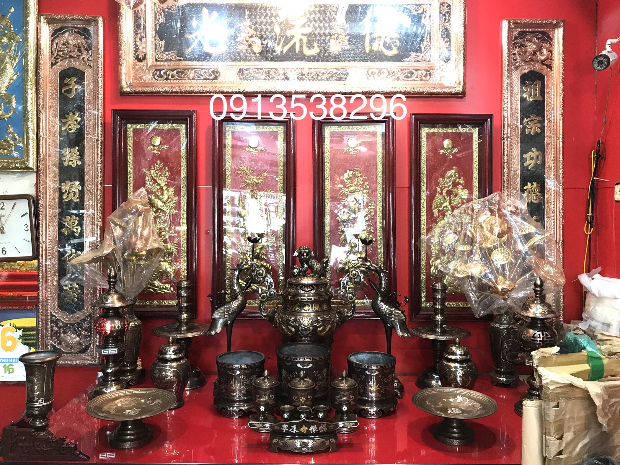 Bộ đồ thờ rồng nổi khảm ngũ sắc,cao 65cm