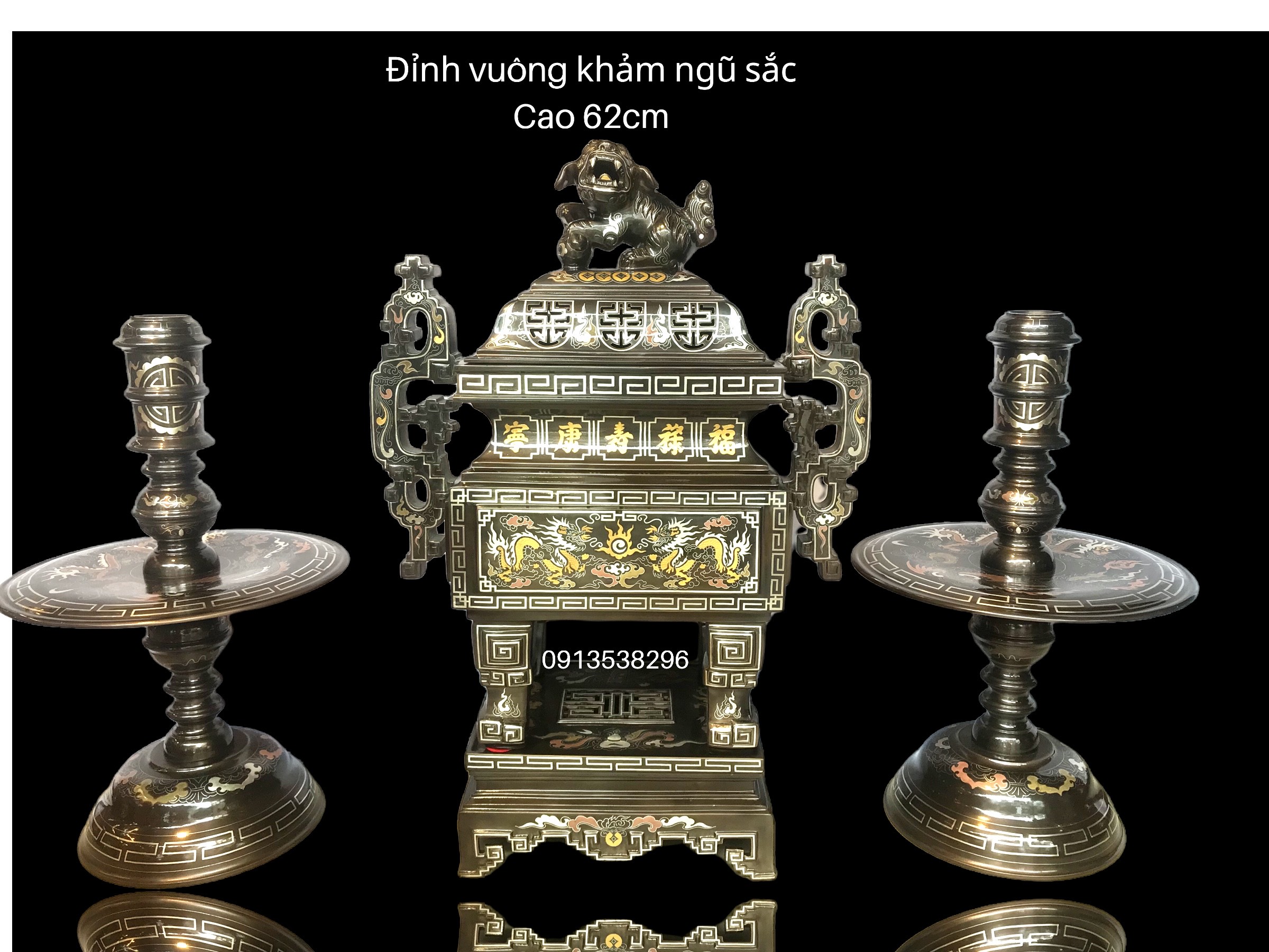 bộ ngũ sự đỉnh vuông khảm ngũ sắc cao 62cm