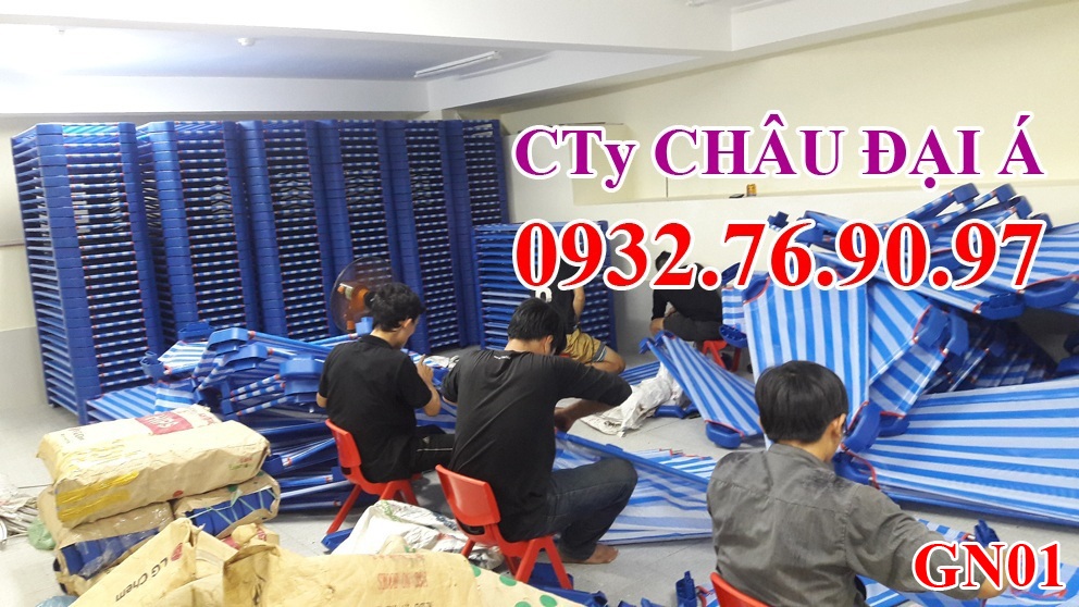 Giường mầm non vải lưới sọc xanh dương cao cấp, GN01