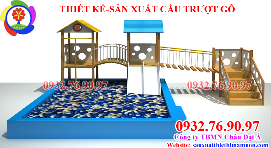 Cầu trượt gỗ 2 khối nhà banh